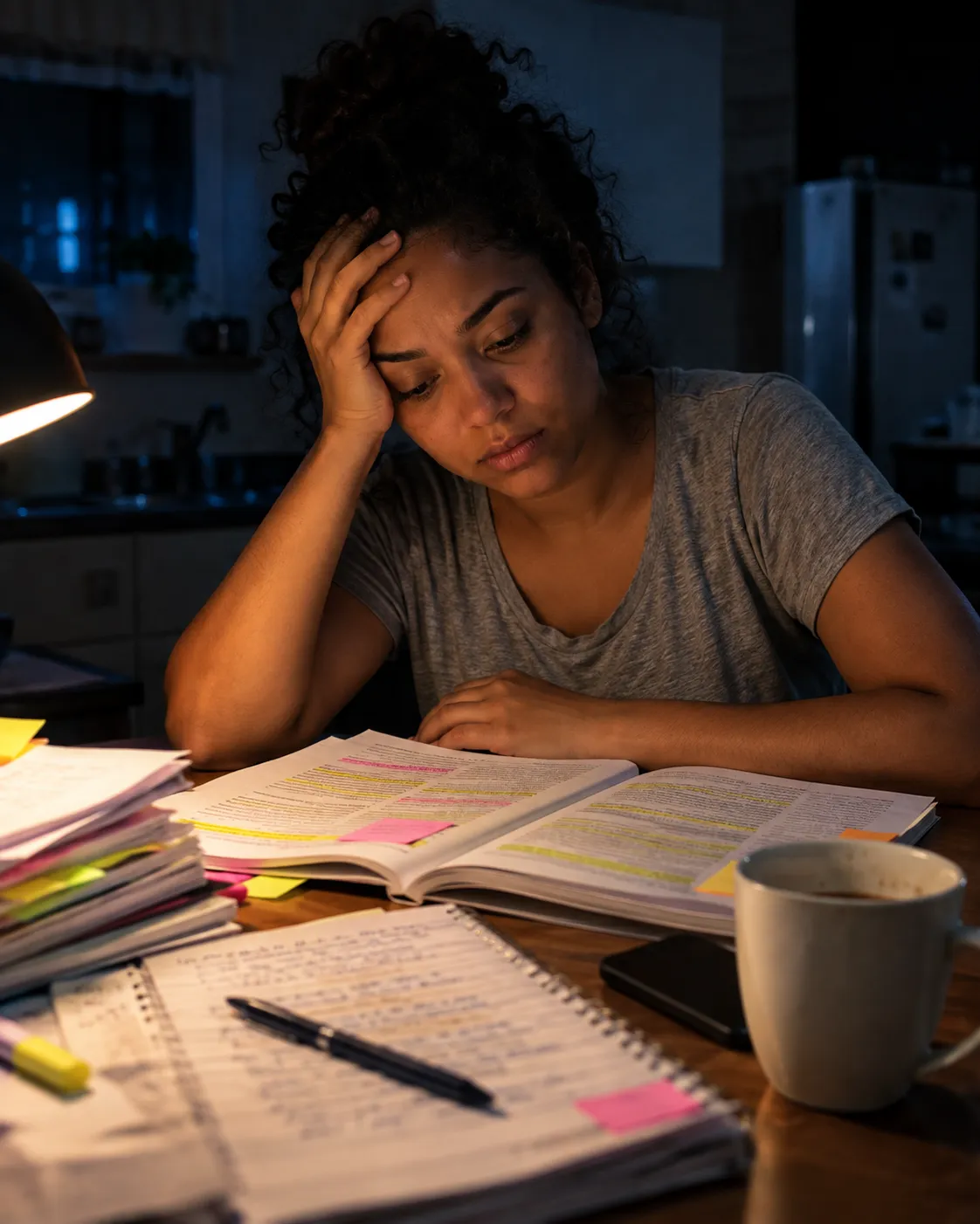 Estudante cansada estudando à noite cercada de apostilas