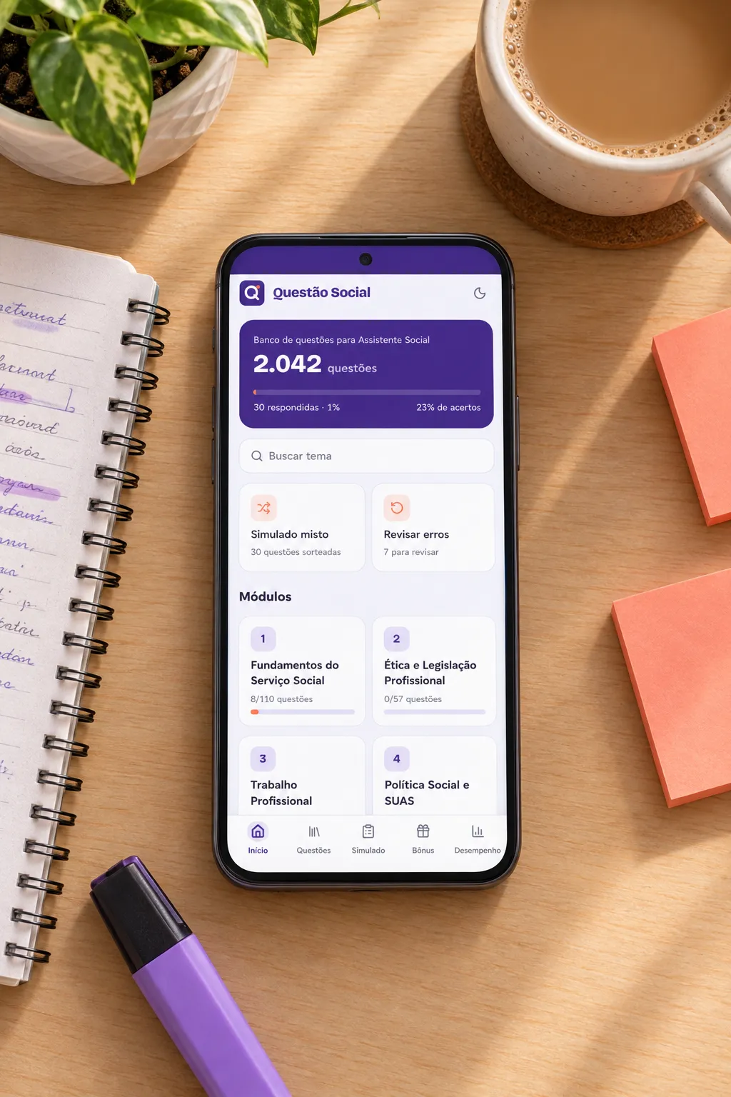 Tela inicial do app com os 6 módulos