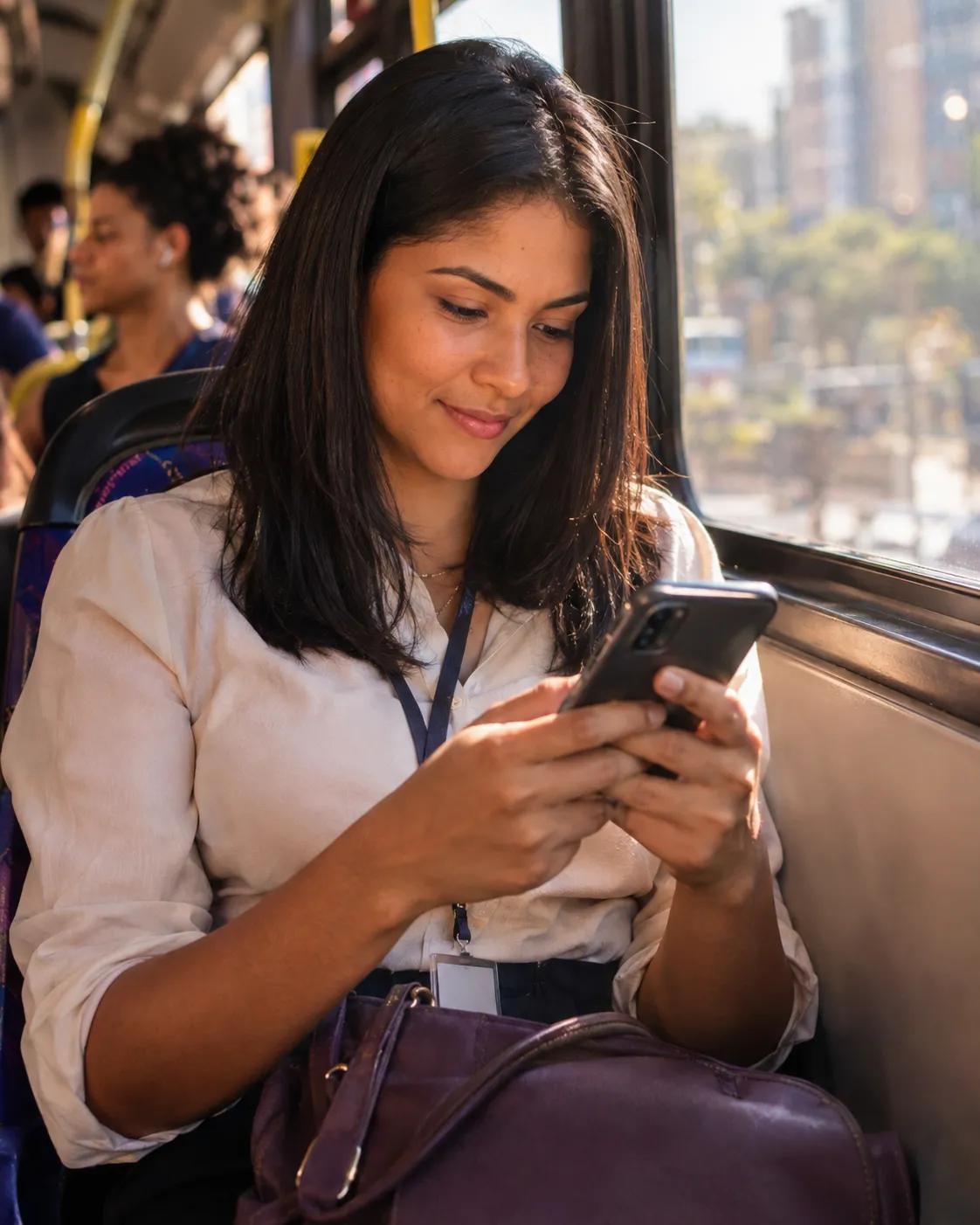 Mulher estudando questões pelo celular durante o trajeto